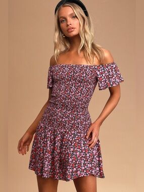 Lulu's Black Off-Shoulder Pink Floral Mini Dress